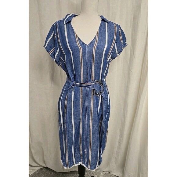 Pilcro by Anthropologie Linen Blend Belted Shift Dress Blue Stripe Women’s Sz 12 - Picture 4 of 10